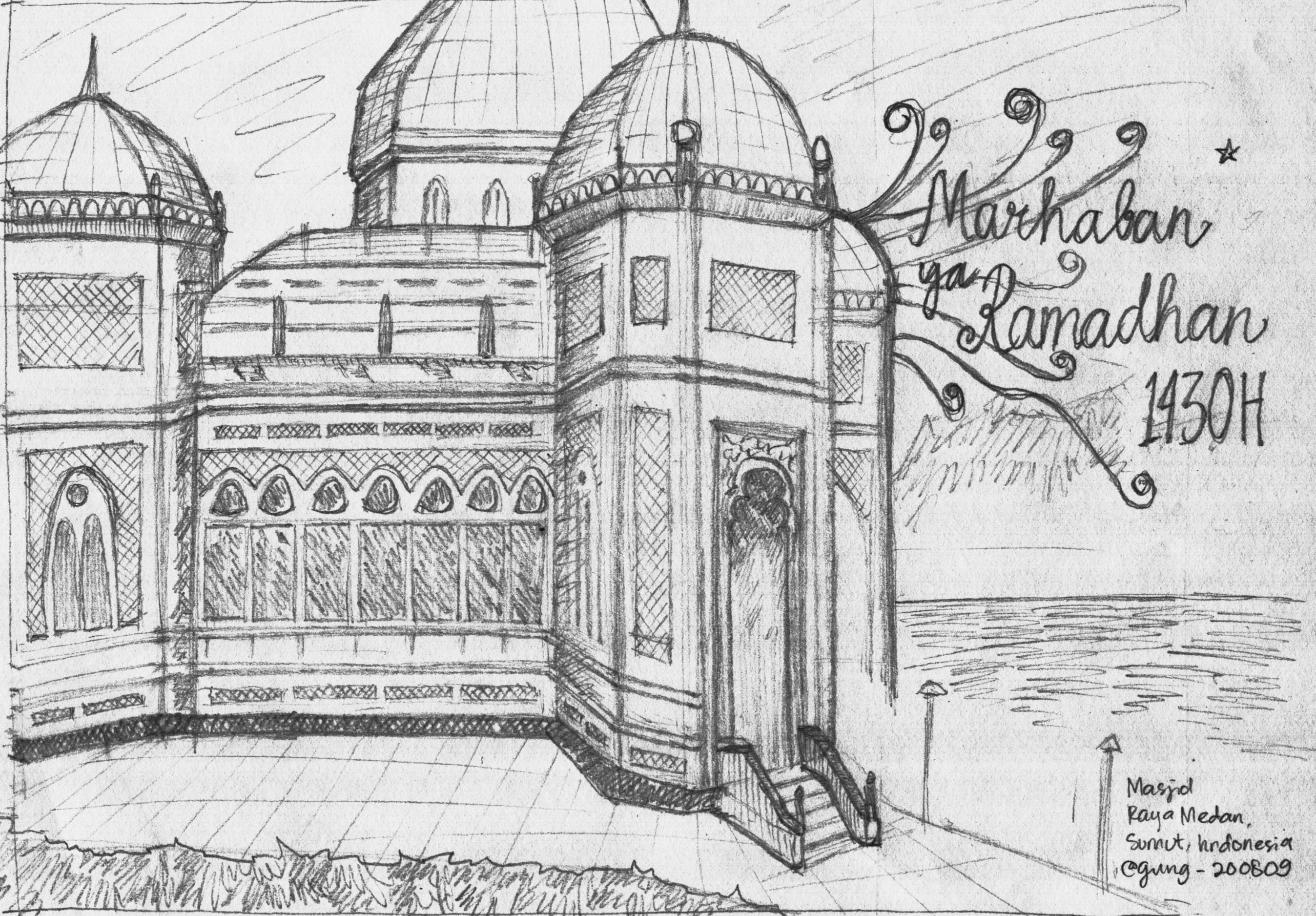 7800 Lukisan Pemandangan Masjid Pakai Pensil Terbaik Gambar